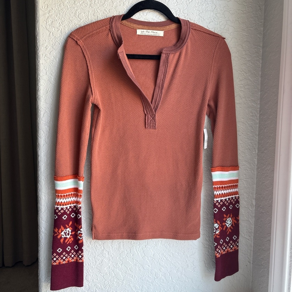 Free People XS‎ Thermal Top Autumn Henley Pattern Cuff Long Sleeve Waffle Cotton